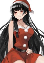 Rule 34 | 1girl, absurdres, bare arms, bare shoulders, belt, black belt, black hair, blunt bangs, blush, breasts, cleavage, closed mouth, dress, hair ribbon, hat, highres, hime cut, isokaze (kancolle), kantai collection, long hair, looking at viewer, medium breasts, narrow waist, red dress, red eyes, red hat, ribbon, santa costume, santa dress, santa hat, short dress, simple background, smile, solo, strapless, strapless dress, toriniku senshi chikinman, tress ribbon, very long hair, white background