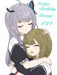 Rule 34 | 2girls, absurdres, ahoge, arm around shoulder, assault lily, black ribbon, blush, brown hair, butterfly hair ornament, chin rest, closed mouth, commentary, cropped jacket, grey hair, hair ornament, hair ribbon, hand on another&#039;s back, hand on another&#039;s head, hands up, happy birthday, head on head, head rest, highres, hug, imagawa homare, long hair, mole, mole under eye, multiple girls, open mouth, pickles (picpicpickles), puffy short sleeves, puffy sleeves, red ribbon, ribbon, school uniform, seike tomoyo, short hair, short sleeves, simple background, smile, two side up, underbust, white background, wrist ribbon, yuri, yurigaoka girls academy school uniform