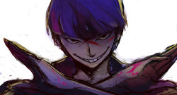 Rule 34 | 1boy, backlighting, bad id, bad pixiv id, black eyes, bowl cut, crossed arms, evil grin, evil smile, grin, highres, looking at viewer, magical girl apocalypse, mahou shoujo of the end, male focus, portrait, purple hair, rintarou akuta, rotte (1109), smile, solo, white background