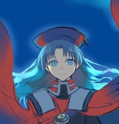 Rule 34 | 1girl, blue background, blue eyes, blue hair, cape, commentary request, hat, jewelry, long hair, lowres, lucia (lunar), lunar, lunar 2: eternal blue, necklace, pendant, smile, solo