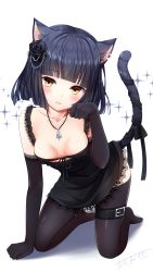 Rule 34 | 1girl, animal ears, bare shoulders, belt, belt buckle, bikini, bikini top only, black belt, black bikini, black dress, black flower, black gloves, black hair, black ribbon, black rose, black thighhighs, blunt bangs, blush, breasts, brown eyes, buckle, cat ears, cat girl, cat tail, cleavage, collarbone, commentary request, covered erect nipples, cross, dress, elbow gloves, flower, front-tie bikini top, front-tie top, full body, gloves, hair flower, hair ornament, has bad revision, has downscaled revision, head tilt, heart, highres, jewelry, kneeling, leg belt, looking at viewer, md5 mismatch, medium breasts, no shoes, omoomomo, original, parted lips, paw pose, pendant, resolution mismatch, revision, ribbon, rose, signature, sleeveless, sleeveless dress, solo, source smaller, sparkle, swimsuit, tail, tail ornament, tail ribbon, thighhighs, white background