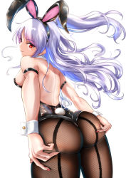 Rule 34 | 1girl, angel beats!, animal ears, arm garter, ass, ass grab, ass support, back, back-seamed legwear, backless leotard, bare back, black leotard, black pantyhose, breasts, cowboy shot, dark persona, fake animal ears, fake tail, fishnet pantyhose, fishnets, from behind, from below, grabbing own ass, gradient hair, hairband, hands on ass, hands on own ass, head tilt, leotard, looking at viewer, looking back, looking down, medium breasts, multicolored hair, nail polish, noir (nowaru), one side up, pantyhose, parted lips, playboy bunny, rabbit ears, rabbit tail, red eyes, red nails, seamed legwear, sideboob, sidelocks, simple background, sleeveless, solo, standing, strapless, strapless leotard, swept bangs, tail, tenshi (angel beats!), white background, white hair, wrist cuffs