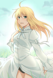 Rule 34 | 1girl, ahoge, artoria pendragon (all), artoria pendragon (fate), black panties, blonde hair, bow, breasts, commentary request, dress, fate/stay night, fate (series), green eyes, long hair, looking at viewer, medium breasts, official alternate costume, outdoors, panties, ribbon, saber (fate), shiseki hirame, smile, solo, teeth, underwear, upper teeth only, white bow, white dress, white ribbon