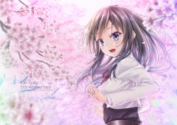 Rule 34 | 1girl, :d, asashio (kancolle), belt, black hair, blue eyes, blurry, blush, buttons, cherry blossoms, commentary request, depth of field, english text, floral background, gotou hisashi, hands up, highres, kantai collection, long hair, long sleeves, looking at viewer, neck ribbon, open mouth, petals, red ribbon, ribbon, shirt, smile, solo, solo focus, white shirt