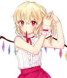 Rule 34 | 1girl, adjusting hair, alternate costume, armpit peek, bad id, bad pixiv id, bare shoulders, biting, blonde hair, blush, crystal, flandre scarlet, honotai, looking at viewer, mouth hold, neck ribbon, red eyes, red ribbon, red skirt, ribbed shirt, ribbon, shirt, short hair, skirt, sleeveless, sleeveless shirt, solo, touhou, tying hair, upper body, white background, wings, wrist cuffs