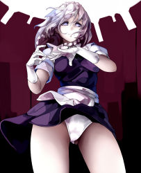 Rule 34 | 1girl, apron, blue skirt, braid, commentary request, cowboy shot, expressionless, gloves, gluteal fold, hands up, highres, izayoi sakuya, looking at viewer, maid headdress, miniskirt, panties, pantyshot, poini (king-scarlet-dead), puffy short sleeves, puffy sleeves, short sleeves, grey eyes, silver hair, skirt, solo, touhou, twin braids, underwear, waist apron, white gloves, white panties