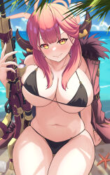 Rule 34 | 1girl, absurdres, aru (blue archive), beach, bikini, black bikini, blue archive, blush, breasts, closed mouth, coat, cocoablue23, collarbone, day, demon horns, fur-trimmed coat, fur trim, gun, hair between eyes, halo, highres, holding, holding gun, holding weapon, horns, large breasts, long sleeves, looking at viewer, navel, ocean, outdoors, pink hair, rifle, scope, shell, sitting, skindentation, sky, smile, sniper rifle, solo, starfish, stomach, string bikini, sweat, swimsuit, thigh gap, thighs, v-shaped eyebrows, weapon, yellow eyes