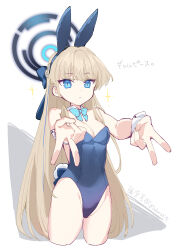 Rule 34 | 1girl, absurdres, animal ears, aqua bow, aqua bowtie, bare shoulders, blonde hair, blue archive, blue bow, blue eyes, blue leotard, bow, bowtie, breasts, cleavage, closed mouth, commentary request, cropped legs, detached collar, double v, fake animal ears, gyaru v, hair bow, halo, highres, large breasts, leotard, light frown, long hair, looking at viewer, official alternate costume, outstretched arms, playboy bunny, rabbit ears, slit pupils, solo, sparkle, strapless, strapless leotard, todomaki41, toki (blue archive), toki (bunny) (blue archive), translation request, twitter username, v, very long hair, white wrist cuffs, wrist cuffs