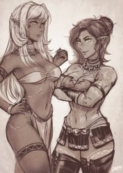 Rule 34 | 2girls, black hair, black legwear, breasts, cleavage, cowboy shot, crossed arms, dark-skinned female, dark skin, ear piercing, hand on own hip, height difference, iahfy, jewelry, long hair, medium breasts, monochrome, multiple girls, navel, necklace, original, piercing, pointy ears, sepia, signature, tattoo, thighhighs, toned, very long hair, white hair