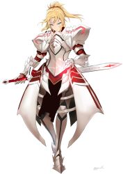 Rule 34 | 1girl, armor, artist name, blonde hair, clarent (fate), closed mouth, fate/apocrypha, fate/grand order, fate (series), full body, gauntlets, green eyes, hair ornament, hair scrunchie, highres, holding, holding sword, holding weapon, long hair, looking at viewer, mordred (fate), mordred (fate/apocrypha), ponytail, porroll, red scrunchie, scrunchie, serious, solo, sword, weapon, white background
