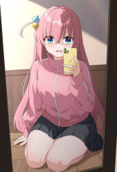 Rule 34 | 1girl, absurdres, black skirt, blue eyes, blush, bocchi the rock!, commentary request, cube hair ornament, gotoh hitori, hair between eyes, hair ornament, highres, holding, holding phone, indoors, jacket, long hair, long sleeves, looking at viewer, mirror, parted lips, phone, pink hair, pink jacket, pink track suit, pleated skirt, pogeepoge, selfie, sitting, skirt, solo, track jacket, wariza