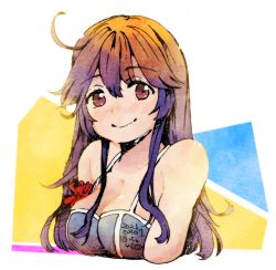 Rule 34 | 1girl, ahoge, arm scrunchie, bikini, blue bikini, blush, breasts, brown eyes, cleavage, commentary request, cropped torso, dated, hair between eyes, highres, ichigo6480, kantai collection, large breasts, long hair, looking at viewer, official alternate costume, one-hour drawing challenge, scrunchie, sidelocks, simple background, smile, solo, swimsuit, twitter username, ushio (kancolle)