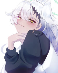 Rule 34 | 1girl, absurdres, blue archive, dark-skinned female, dark skin, earrings, green halo, haine (blue archive), halo, hand on own chin, highres, jewelry, long sleeves, looking at viewer, puyoteto, simple background, smile, smug, solo, upper body, vest, white background, white hair, white vest, yellow eyes