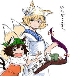 Rule 34 | 3girls, adapted costume, animal ear fluff, animal ears, apron, blonde hair, blush, brown hair, cat ears, cat tail, chen, cup, dress, fang, food, fox ears, fox tail, gap (touhou), highres, holding, holding food, holding tray, japanese clothes, kappougi, kerchief, kimono, long sleeves, multiple girls, multiple tails, onigiri, open mouth, outstretched arms, paw print, paw print pattern, red dress, sen (daydream 53), shirt, short hair, simple background, smile, tail, touhou, translated, tray, upper body, white background, white kimono, white shirt, yakumo ran, yakumo yukari, yellow eyes, yunomi