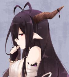 Rule 34 | 10s, 1girl, antenna hair, bad id, bad pixiv id, black hair, breasts, danua, draph, female focus, fingerless gloves, gloves, granblue fantasy, horn ornament, horns, jewelry, large breasts, long hair, looking to the side, pointy ears, profile, red eyes, solo, yukichi (eikichi)