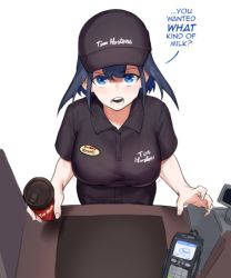 Rule 34 | 1girl, baseball cap, black hat, black shirt, blouse, blue eyes, blue hair, breasts, collared shirt, commentary, dasdokter, english commentary, english text, from above, hat, hololive, hololive english, medium breasts, meme, name tag, open hand, open mouth, ouro kronii, shirt, short hair, solo, tim hortons, virtual youtuber, white background