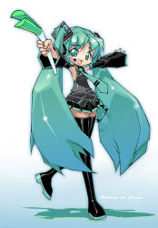 Rule 34 | 1girl, aqua eyes, aqua hair, boots, breasts, detached sleeves, hair ornament, hatsune miku, headset, long hair, necktie, pleated skirt, robert de jesus, skirt, small breasts, solo, spring onion, thigh boots, thighhighs, twintails, very long hair, vocaloid, zettai ryouiki