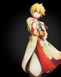 Rule 34 | 1boy, ali baba saluja, arabian clothes, arm behind back, black background, blonde hair, choker, earrings, highres, jewelry, magi the labyrinth of magic, male focus, official art, orange eyes, solo, sword, weapon