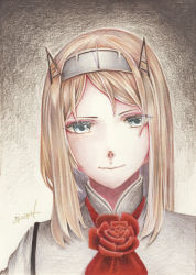 Rule 34 | 1girl, blonde hair, blue eyes, closed mouth, collar, collared shirt, eyelashes, flower, gradient background, grey shirt, hair ornament, hairband, headgear, highres, kantai collection, long hair, looking at viewer, military, military uniform, nelson (kancolle), portrait, red flower, red rose, rose, shirt, signature, simple background, smile, solo, swept bangs, tesun (g noh), traditional media, two-tone background, uniform, watercolor pencil (medium)