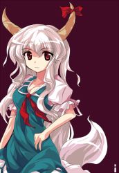 Rule 34 | 1girl, alphes (style), breasts, cleavage, ex-keine, female focus, horns, ideolo, kamishirasawa keine, long hair, parody, red eyes, ribbon, silver hair, solo, style parody, touhou, very long hair