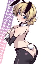 Rule 34 | 1girl, animal ears, ass, ass cutout, black pants, blonde hair, blue eyes, blush, braid, breasts, butt crack, clothing cutout, covering privates, covering breasts, darjeeling (girls und panzer), fake animal ears, fake tail, french braid, girls und panzer, highres, kuzuryuu kennosuke, large breasts, leotard, looking at viewer, meme attire, no panties, pants, playboy bunny, rabbit ears, rabbit tail, reverse bunnysuit, reverse outfit, simple background, sketch, smile, solo, tail, topless, white background