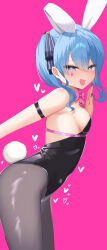 Rule 34 | 1girl, absurdres, alternate costume, animal ears, black leotard, black pantyhose, blue hair, blue nails, breasts, fake animal ears, fake tail, heart, heart-shaped pupils, highres, hololive, hoshimachi suisei, leotard, long hair, looking at viewer, nail polish, open mouth, pantyhose, playboy bunny, rabbit hole (vocaloid), small breasts, smile, solo, strapless, strapless leotard, symbol-shaped pupils, tail, teardrop facial mark, tobiiiiiii, virtual youtuber, vocaloid
