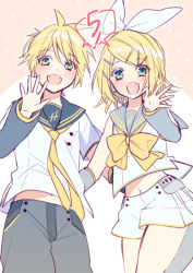 Rule 34 | 1boy, 1girl, black collar, blonde hair, blush, bow, brother and sister, collar, detached sleeves, fang, fortissimo, green eyes, grey collar, hair bow, hand on another&#039;s back, headphones, hinata (princess apple), kagamine len, kagamine len (vocaloid4), kagamine rin, kagamine rin (vocaloid4), leg warmers, looking at viewer, midriff, midriff peek, navel, necktie, open mouth, pale skin, piano print, sailor collar, shirt, shorts, siblings, sketch, skin fang, sleeveless, sleeveless shirt, smile, twins, v4x, vocaloid, waving arm, yellow neckwear