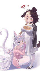 Rule 34 | 2girls, :3, ?, ??, absurdres, animal ears, bell, blonde hair, blue eyes, blush, braid, brown hair, cat ears, cat girl, cat tail, collar, dog ears, dog girl, dog tail, food, full body, hachiko of castling, hand on another&#039;s head, heterochromia, highres, last origin, long hair, looking at another, multicolored hair, multiple girls, neck bell, pantyhose, perrault (last origin), pie, pregnant, rigor-mortis, simple background, split-color hair, squatting, tail, tareme, twin braids, two-tone hair, very long hair, white background, white legwear, yellow eyes