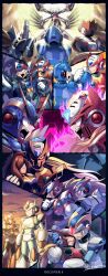 Rule 34 | 1girl, 5boys, android, axl (mega man), blonde hair, blood, bloody tears, blue eyes, brown hair, commentary, crying, derivative work, english commentary, english text, floating, helmet, highres, hug, iris (pokemon), lumine (mega man), mcnr, mechanical wings, mega man (series), mega man x1, mega man x2, mega man x3, mega man x4, mega man x5, mega man x6, mega man x7, mega man x8, mega man x (series), multiple boys, red (mega man x), red eyes, screaming, smile, sunset, ultimate armor x (mega man), wings, x (mega man), zero (mega man)