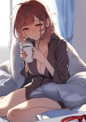 Rule 34 | 1girl, 92m, ahoge, backlighting, bed sheet, blush, breasts, brown eyes, brown hair, brown nails, brown shirt, cleavage, collarbone, cup, curtains, drink, half-closed eyes, highres, holding, holding cup, holding drink, kinshi no ane (92m), large breasts, medium hair, nail polish, on bed, open clothes, open shirt, original, pillow, quilt, shirt, sitting, solo, steam, unworn eyewear, wariza, window