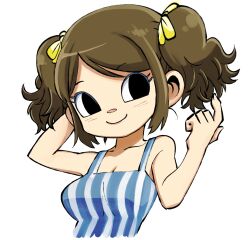 Rule 34 | 1girl, animal crossing, arm behind head, black eyes, blue skirt, breasts, brown hair, dress, medium breasts, muramasa mikado, murana (muramasa mikado), nintendo, short hair, short twintails, simple background, skirt, smile, solo, striped clothes, striped dress, twintails, upper body, vertical-striped clothes, vertical-striped dress, villager (animal crossing), white background