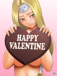 Rule 34 | 1girl, blonde hair, breasts, chocolate, circlet, covering privates, covering breasts, dragon quest, dragon quest vi, green eyes, happy valentine, heart, long hair, mireyu, nude, nude cover, solo, underboob, valentine, yama-michi