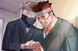 Rule 34 | 2boys, alternate costume, bandages, bandaged head, bandages, blonde hair, blue eyes, boku no hero academia, bruise, bruise on face, couple, crying, endeavor (boku no hero academia), facial hair, feathered wings, holding hands, hawks (boku no hero academia), heads together, hospital gown, injury, male focus, mature male, mm39572, multiple boys, pale skin, red hair, red wings, scar, scar across eye, scar on face, short hair, sideburns, size difference, smile, spiked hair, spoilers, stubble, upper body, wings, yaoi