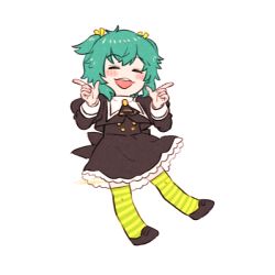 Rule 34 | 1girl, artist name, ascot, assault lily, black ascot, black footwear, blush, buttons, chibi, closed eyes, cropped jacket, facing viewer, frilled skirt, frills, full body, green hair, green thighhighs, hair ribbon, hands up, high-waist skirt, index finger raised, juliet sleeves, komuzuka, long sleeves, multicolored thighhighs, open mouth, puffy sleeves, ribbon, school uniform, shoes, short hair, signature, simple background, skirt, smile, solo, striped clothes, striped thighhighs, teeth, thighhighs, two side up, upper teeth only, white background, yellow ribbon, yellow thighhighs, yoshimura thi mai, yurigaoka girls academy school uniform
