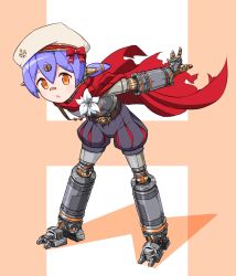 Rule 34 | 1girl, android, arms behind back, beret, bow, cape, flower, hat, hat bow, highres, joints, lily (flower), looking at viewer, nintendo, open mouth, orange eyes, pasukumeru, pink background, poppi (xenoblade), purple hair, red bow, red cape, robot joints, short hair, short twintails, smile, solo, twintails, white flower, white hat, xenoblade chronicles (series), xenoblade chronicles 2