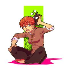Rule 34 | 1girl, braid, chinese clothes, frown, genderswap, genderswap (mtf), hand on own knee, indian style, neckerchief, nedayashi, no socks, open mouth, p-chan, pig, ranma-chan, ranma 1/2, red eyes, red hair, saotome ranma, single braid, sitting, tangzhuang