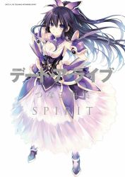 Rule 34 | 10s, 1girl, armor, armored dress, bow, choker, date a live, dress, full body, gloves, hair between eyes, hair bow, hands on own hips, highres, long hair, looking at viewer, official art, pauldrons, ponytail, purple eyes, purple hair, shoulder armor, simple background, smile, solo, standing, tsunako, very long hair, white background, yatogami tooka