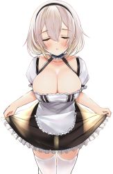 Rule 34 | 1girl, apron, azur lane, black dress, black hairband, blush, breasts, cleavage, closed eyes, collar, collarbone, commentary request, dress, facing viewer, frilled apron, frilled sleeves, frills, hair between eyes, hairband, imminent kiss, large breasts, leaning forward, parted lips, platinum blonde hair, puffy short sleeves, puffy sleeves, ry thae, see-through, see-through silhouette, short hair, short sleeves, silver hair, simple background, sirius (azur lane), skirt hold, solo, thighhighs, waist apron, white apron, white background, white thighhighs