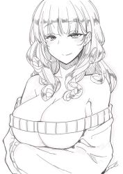 Rule 34 | 1girl, bare shoulders, blush, breasts, carmilla (fate), cleavage, collarbone, contemporary, curly hair, fate/grand order, fate (series), fue (rhomphair), greyscale, highres, large breasts, lineart, long hair, long sleeves, looking at viewer, monochrome, off-shoulder sweater, off shoulder, smile, sweater