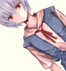 Rule 34 | 1girl, :|, ayanami rei, blouse, blue dress, blue hair, closed mouth, dress, dress shirt, dutch angle, expressionless, hair between eyes, looking at viewer, melocoton, neck ribbon, neon genesis evangelion, pinafore dress, red eyes, red ribbon, ribbon, school uniform, shirt, short hair, short sleeves, simple background, sleeveless dress, solo, tokyo-3 middle school uniform, upper body, white shirt