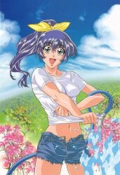 Rule 34 | 1990s (style), 1girl, blue eyes, blue hair, casual, cowboy shot, day, denim, denim shorts, field, flower, flower field, gotou keiji, high ponytail, highres, hose, kidou senkan nadesico, long hair, looking at viewer, meadow, misumaru yurika, navel, non-web source, official art, open fly, open mouth, outdoors, retro artstyle, shirt, short sleeves, shorts, solo, spraying, standing, water, white shirt