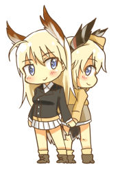 Rule 34 | 2girls, animal ears, back-to-back, blonde hair, blue eyes, blush, chibi, garrison cap, hanna-justina marseille, hat, hatopoo (beach7pijon), head wings, holding hands, long hair, military, military uniform, multiple girls, raisa pottgen, short hair, smile, strike witches, tail, uniform, wings, witches of africa, world witches series
