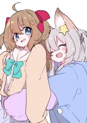 Rule 34 | 2girls, :d, ahoge, animal ear fluff, animal ears, annytf, blue eyes, blue hoodie, blush, blush stickers, bow, bowtie, brown hair, cardigan, closed eyes, commission, fox ears, fox girl, green bow, green bowtie, grey hair, hair between eyes, hair bow, hair ornament, hair tie, hairclip, heart, heart hair ornament, highres, hood, hoodie, hug, hug from behind, indie virtual youtuber, long hair, long sleeves, looking back, megateru, mother and daughter, multiple girls, neuro-sama, open mouth, puffy long sleeves, puffy sleeves, red bow, sailor collar, school uniform, second-party source, serafuku, simple background, skeb commission, skirt, smile, star (symbol), star hair ornament, two side up, virtual youtuber, white background, white serafuku, yellow cardigan