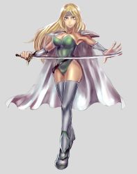 Rule 34 | 1990s (style), 1girl, blonde hair, blue eyes, boots, breasts, cape, celes chere, final fantasy, final fantasy vi, full body, hashira w, highres, large breasts, leotard, long hair, outstretched arms, saber (weapon), solo, sword, thigh boots, thighhighs, weapon