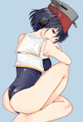 Rule 34 | 1girl, aqua background, ass, asymmetrical hair, back, black hair, blue one-piece swimsuit, brown eyes, crop top, hair between eyes, headphones, highres, i-13 (kancolle), igarashi mangou, kantai collection, looking back, one-piece swimsuit, sailor collar, school swimsuit, short hair, solo, swimsuit, swimsuit under clothes