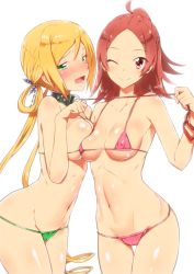 Rule 34 | 2girls, ahoge, asymmetrical docking, bare arms, bare shoulders, bikini, black collar, blonde hair, blush, breast press, breasts, brown eyes, brown hair, closed mouth, collar, collarbone, commentary request, covered erect nipples, cowboy shot, drill hair, flipped hair, green bikini, green eyes, groin, hair ornament, hair rings, half updo, hand up, high ponytail, large breasts, leash, long hair, looking at viewer, medium breasts, medium hair, micro bikini, mitsuka miharu, multiple girls, navel, nose blush, one eye closed, open mouth, ore twintail ni narimasu, paw pose, pink bikini, red eyes, red hair, shindou emu, shiny skin, sidelocks, sideways glance, simple background, smile, standing, stomach, string bikini, swimsuit, thigh gap, twin drills, twintails, very long hair, white background, yuto (dialique)