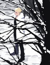 Rule 34 | 1boy, blonde hair, blush, branch, breath, closed mouth, coat, earrings, fate (series), from side, full body, gilgamesh (fate), hal (haaaalhal), hands in pockets, highres, jewelry, looking ahead, male focus, outdoors, short hair, snow, solo, standing, white coat, winter