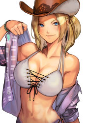 Rule 34 | 1girl, bare shoulders, bikini, bikini under clothes, blonde hair, blue eyes, bow, bowtie, bracelet, breasts, buttons, cleavage, closed mouth, collarbone, commentary request, cowboy hat, cross-laced bikini, cross-laced clothes, cross-laced top, earrings, final fight, freckles, halterneck, hand up, hat, hinoru saikusa, jewelry, large breasts, lips, long hair, looking at viewer, lucia morgan, navel, off shoulder, open clothes, parted bangs, shirt, simple background, smile, solo, stomach, street fighter, street fighter v, swimsuit, upper body, white background
