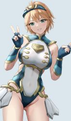 Rule 34 | 1girl, amayo thranana, blonde hair, blush, breasts, cleavage, cyborg, double v, fiora (xenoblade), gloves, green eyes, highres, large breasts, leotard, looking at viewer, short hair, simple background, smile, solo, spoilers, thighs, v, xenoblade chronicles (series), xenoblade chronicles 1