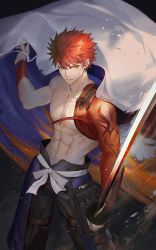 Rule 34 | 1boy, abs, artist name, black background, black pants, cape, closed mouth, cowboy shot, darkavey, embers, fate/grand order, fate (series), hand up, highres, holding, holding sword, holding weapon, igote, japanese clothes, katana, looking at viewer, male focus, pants, pectorals, red hair, senji muramasa (fate), topless male, short hair, solo, standing, sword, toned, toned male, weapon, white cape, wrist wrap, yellow eyes
